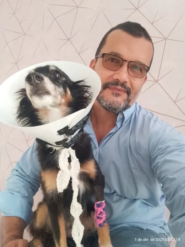 Dr. Ozório com um cão usando colar elizabetano